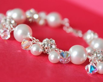 Cluster Wedding Bracelet, Rhinestones and White Swarovski Crystal Bridal Bracelet, Bridesmaids Bracelet