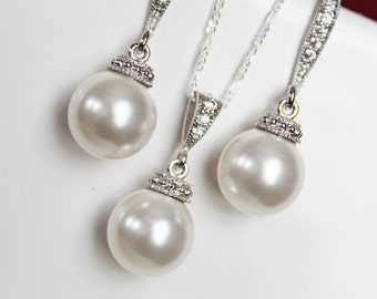 Pearl Drop Bridal Earrings & Necklace Set – Elegant White Pearl Wedding Jewelry