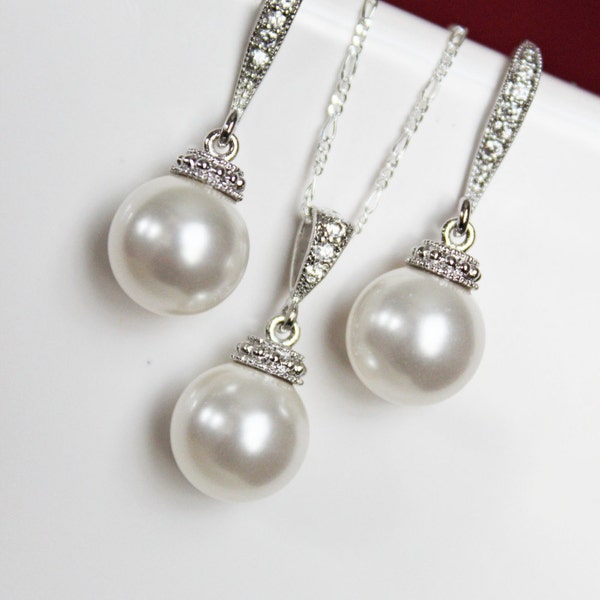 Pearl Drop Bridal Earrings & Necklace Set – Elegant White Pearl Wedding Jewelry