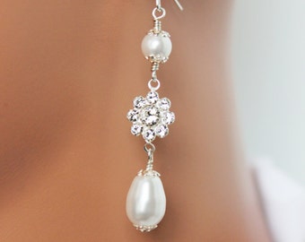 Pearl Drop Bridal Earrings, Rhinestone Bridal Jewelry, Bridesmaid Earrings, Wedding Jewelry, Bridesmaids Jewelry