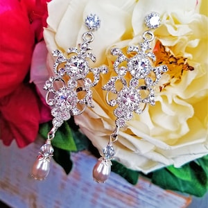 Victorian Chandelier Bridal Earrings, Crystal Wedding Earrings, Swarovski Crystal Rhinestones, White Pearls, Wedding Jewelry, Vintage Style