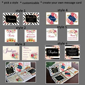 May include: Assortment of customizable message cards with floral designs. Styles include black and white geometric patterns, floral wreaths, and elegant text. Text includes names and phrases like "Thank You" and "Will you be my Bridesmaid?"
