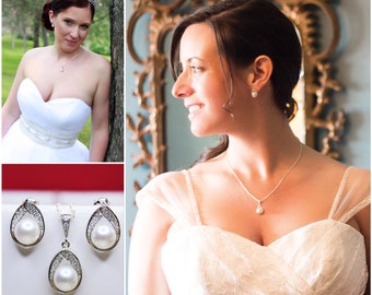 Jewel Pearl Drop Wedding Jewelry Set, Bridal Set, Bridesmaids Jewelry Set, Earring and Necklace Bridal Jewelry Set