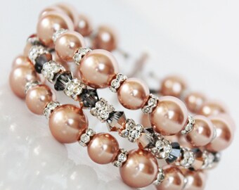 Swarovski Crystal Rose Gold Pearl, Cuff Wedding Bracelet, Pearl Bridal Bracelet, Mother of the Bride