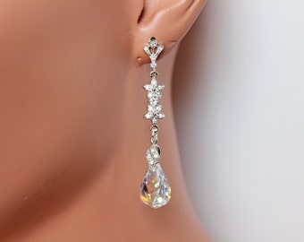 Swarovski Crystal Wedding Earrings, Cubic Zirconia Earrings,  Long Drop Bridal Earrings, Wedding Jewelry