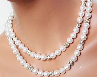 Classic White Pearl Bridal Necklace, Rhinestone Crystal Pearl, Bridal Jewelry, Vintage Style, Wedding Jewelry