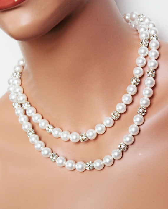 Classic White Pearl Bridal Necklace, Rhinestone Crystal
