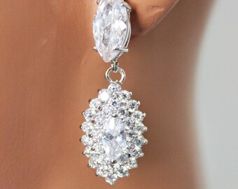 Marquise Cubic Zirconia Wedding Earrings, Clear Crystal Drop Bridal Earrings, Rhinestone Bridesmaids Jewelry, Sterling Silver Post