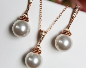 Rose Gold Wedding Earrings and Necklace Jewelry Set, Rose Gold Pearl Drop Bridal Jewelry Set, Bridesmaids Jewelry Set, Pink Gold Jewelry Set