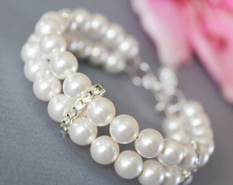 White Pearl Cuff Wedding Bracelet, Double Strand Pearl Cuff Bridal Bracelet, Bridesmaids Bracelet, Bridal Accessories, Mother of the Bride