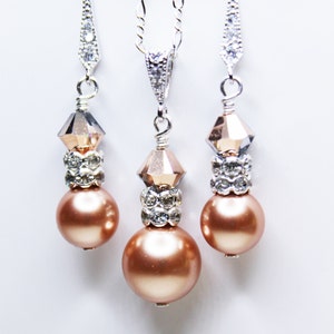 Wedding Earrings and Necklace Set, Crystal Rose Gold Pearl Pendant, Bridesmaids Jewelry Set