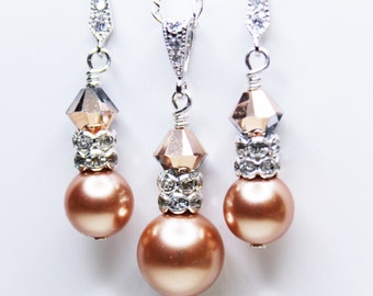 Wedding Earrings and Necklace Set, Crystal Rose Gold Pearl Pendant, Bridesmaids Jewelry Set