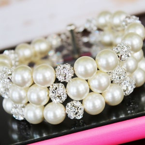 Pearl Cuff Bridal Bracelet, Chunky Wedding Bracelet, Bridal Bracelet, Swarovski Cream Pearl and Rhinestone Bracelet