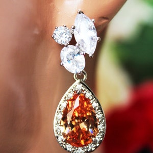 Crystal Champagne Wedding Earrings, Cubic Zirconia Crystal Drop Bridal Earrings, Champagne Drop Earrings, Gift for the Mother of the Bride