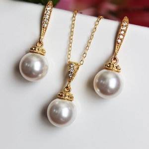 Gold Wedding Jewelry Set, Gold Crystal White Pearl Drop Bridal Jewelry Set, Bridesmaids Jewelry Gift Set, Bridal Accessories, Pearl Set