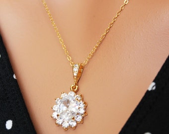 Gold Crystal Drop Wedding Necklace, CZ Gold Crystal Drop Bridal Necklace, Bridesmaids Wedding Pendant, Bridal Accessories, Crystal Pendant