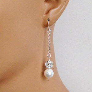 Rhinestone Bridal Earrings, Long Dangle Pearl Drop Wedding Earrings, Bridal Jewelry, Wedding Jewelry, Bridesmaids Jewelry image 1