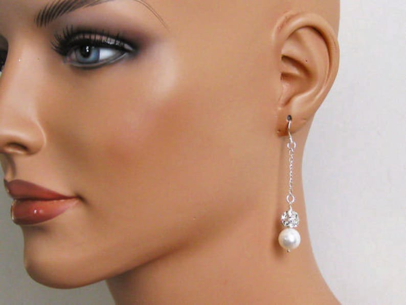 Rhinestone Bridal Earrings, Long Dangle Pearl Drop Wedding Earrings, Bridal Jewelry, Wedding Jewelry, Bridesmaids Jewelry 画像 2