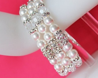 Jacqueline Rhinestone Wedding Bracelet, Crystal and Swarovski Pearl Bridal Bracelet, Chunky White Pearl Bracelet