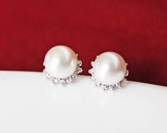 Bridal Earrings, Wedding Earrings, Cubic Zirconia Silver Posts Swarovski Crystal White Pearls, Bridesmaids Earrings