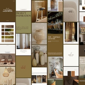 May include: A collage of interior design inspiration featuring various elements. It includes images of furniture, vases, color palettes, and text overlays with phrases like "Project Inspiration" and "Studio Sole". The color scheme is dominated by earthy tones.