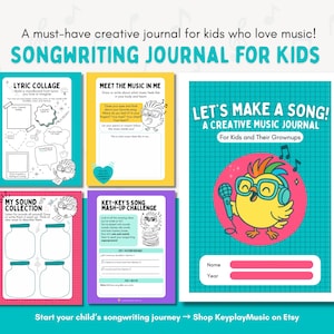 Puede incluir: Un diario creativo de composición de canciones para niños, con páginas coloridas y actividades. Incluye un collage de letras, una colección de sonidos y un desafío de mash-up de canciones. La portada presenta un pájaro de dibujos animados con auriculares y un micrófono.
