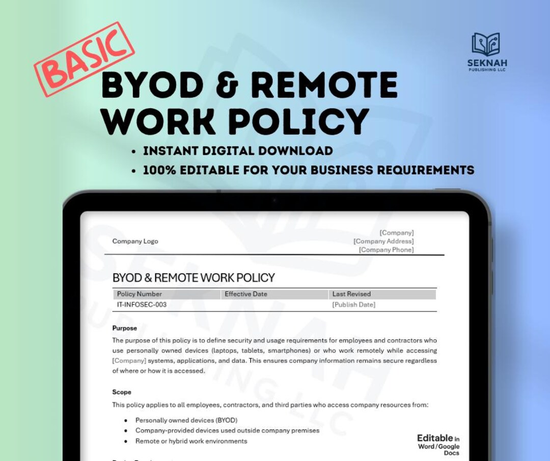BYOD & Remote Work Policy Template | Editable Word Form | Small ...