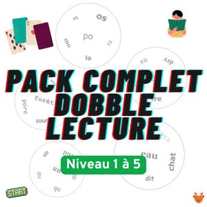 May include: A game set with the text "PACK COMPLET DOBBLE LECTURE" in red and blue. The image includes playing cards, circular game pieces with words, and a green rectangle with "Niveau 1 à 5". A cartoon figure reads a book.