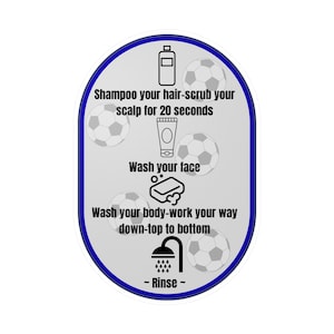 以下が含まれることがあります： 青い縁と灰色の背景のステッカー。シャンプー、洗顔、ボディウォッシュなど、シャワーの手順が記載されています。サッカーボールとアイコンが含まれています。
