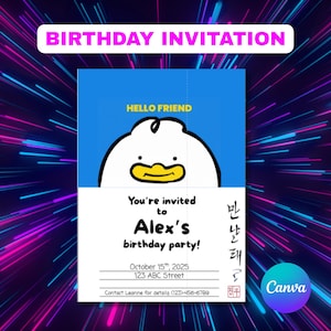 Może przedstawiać: Zaproszenie urodzinowe z postacią kaczki z kreskówek na niebieskim tle. Zaproszenie zawiera napis "BIRTHDAY INVITATION" na górze i zawiera tekst "HELLO FRIEND", "You're invited to Alex's birthday party!", datę, adres i dane kontaktowe.
