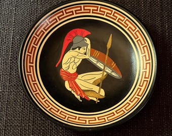 Cuenco de cerámica vintage pintado a mano con motivo de soldado griego.