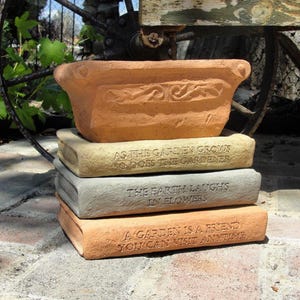 LIBRARY PLANTER (Title & Color Options): Solid Stone Book Pot Saucers w/ Herb Box. Unique Garden Gift Decor. Outdoor Safe. Handcrafted U.S.A
