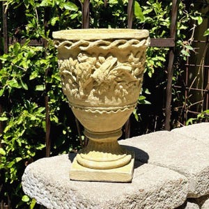 VINTAGE SONGBIRD URN: Solid Stone Nature Motif Planter. Home Garden Decor. Handcrafted U.S.A