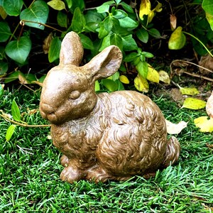 May include: A brown ceramic rabbit figurine with a furry texture. The rabbit is sitting on a green grassy surface.