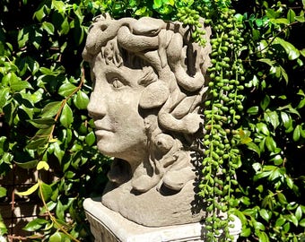 MEDUSA HEAD PLANTER: Solid Stone Flower Pot. Outdoors Safe, Garden Decor. Handcrafted U.S.A.