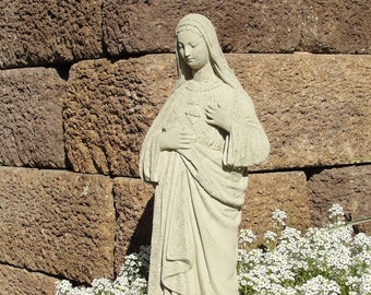 VINTAGE MARY STATUE (4 Color Options): Solid Stone Catholic Figure w/ Distressed Texture. Indoor Design, Outdoor Safe. Handcrafted In U.S.A