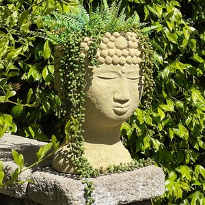 BUDDHA HEAD PLANTER (Size & Color Options): Solid Stone Flower Pot. Unique Home Decor Garden Accent. Sealed for Outdoors. Handcrafted U.S.A