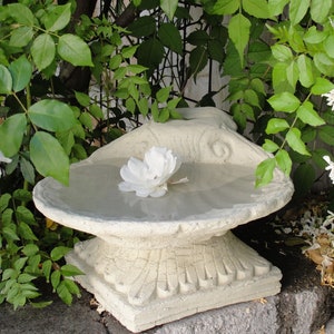 VINTAGE SHELL BIRDBATH (4 Color Options): Solid Durable Stone w/ Aged Texture. Integrated Color, Sealed for Outdoors. Handcrafted in U.S.A