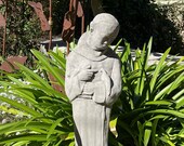 VINTAGE SAINT FRANCIS Tall Solid Stone, Reinforced Garden Statue. Patron Saint of Animals. Weathered Worn Detail. Sealed for Outdoor Use.