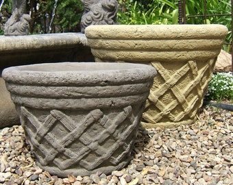 VINTAGE TUDOR PLANTER: Solid Stone Lattice-Pattern Flower Pot. Garden Patio Decor. Handcrafted U.S.A.
