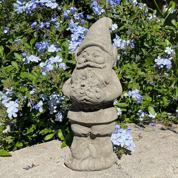 VINTAGE FLOWER GNOME (4 Color Options): Solid Durable Reinforced Stone Statue. Integrated Color, Sealed for Outdoors. Handcrafted in U.S.A