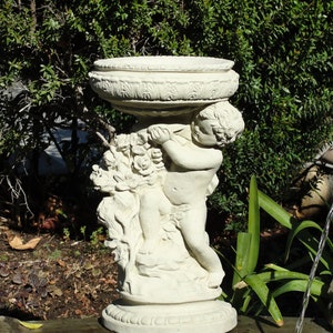 VINTAGE CHERUB BIRDBATH: Solid Stone Container. European Statue w/ Distressed Texture. Home Design, Sealed for Outdoors. Handcrafted U.S.A