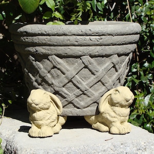 May include: A gray concrete planter with a woven design and four rabbit-shaped legs. The planter is sitting on a gray stone surface.