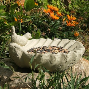 BIRD on SHELL BIRDFEEDER (4 Color Options): Quality Solid Stone Birdbath w/ Weathered Detail. Sealed for Outdoor Use. Handcrafted in U.S.A