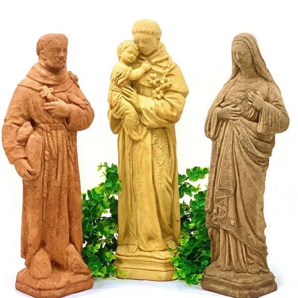 VINTAGE CATHOLIC SAINTS (Color & Style Options): Solid Stone Statues w/ Distressed Texture. Sealed for Outdoors. Handcrafted in U.S.A