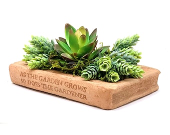 SUCCULENT BOOK PLANTER (Color & Title Options): Solid Stone. Holds an Herb Box or Plant Direct. Sealed for Outdoors. Handcrafted in U.S.A