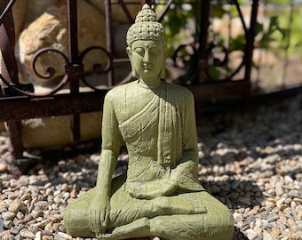 VINTAGE GREAT BUDDHA: Solid Durable Carved Stone Statue w/ Weathered Wooden Texture. Home Design, Sealed for Outdoors. Handcrafted in U.S.A