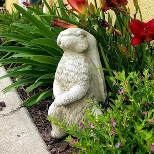VINTAGE ENGLISH HARE: Tall Bunny Rabbit Statue. Durable Solid Stone. Unique Home Decor Garden Accent. Sealed for Outdoors. Handcrafted U.S.A