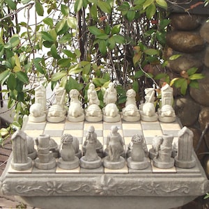 GARDENER CHESS SET (Color & Finish Options): Solid Stone Board w/ Inlaid Tiles +  32 Handcrafted pieces. Sealed for Outdoors. Made in U.S.A