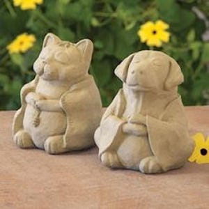 MEDITATING CAT & DOG (Color Options) Durable Solid Stone Zen Pet Sculpture. Home Decor Garden Accent. Sealed for Outdoors. Handcrafted U.S.A